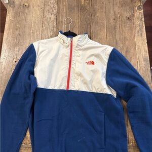 The North Face White and Blue Jacket with Red Zipper